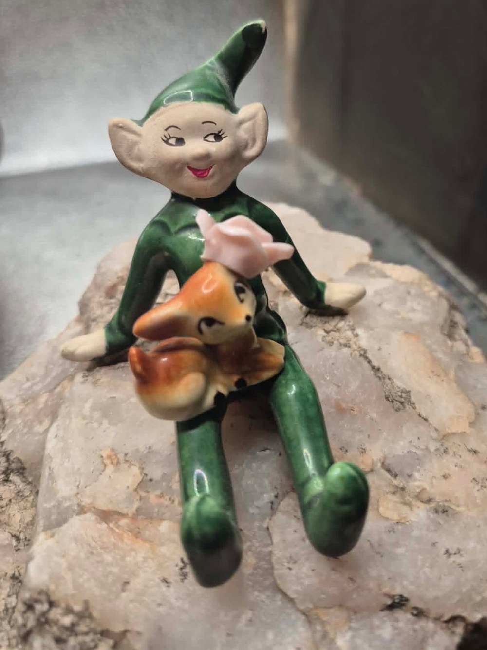 MCM Vintage Gilner Pixie - Green Elf Sitting with Miniature Porcelain Deer Fawn